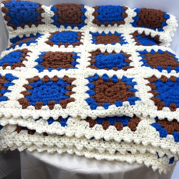 Afghan Handmade USA Blue Brown Ivory 93 x 58 bedding throw blanket - Picture 4 of 5